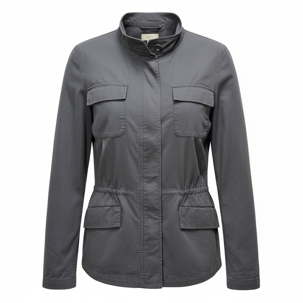 LOFT Gray Cotton Utility Jacket Size XL Draw String Cinch Waist & Pockets